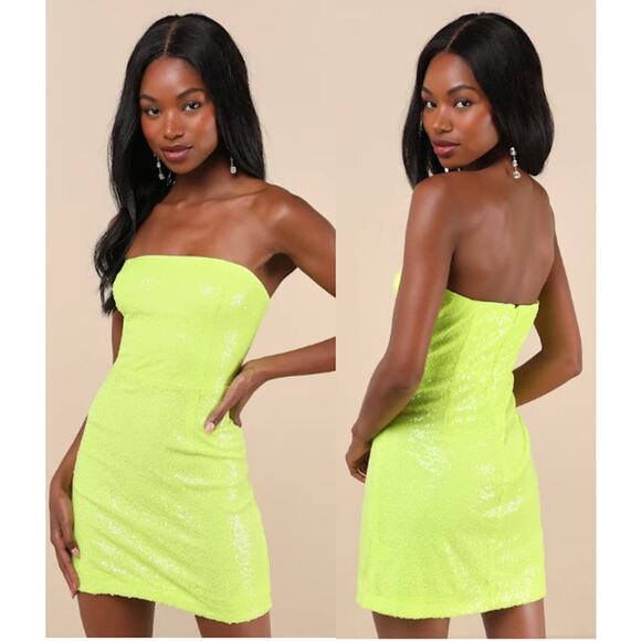 NWT Lulus Embellished Sequin Strapless Mini Dress Neon Yellow Women's Large - Picture 1 of 6